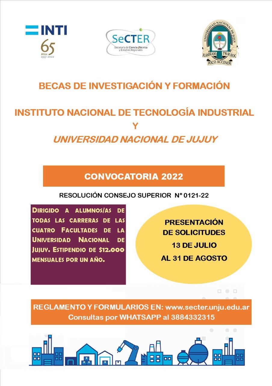 Convocatoria para el otorgamiento de Becas de Grado y Pregrado cofinanciadas por la UNJu e INTI