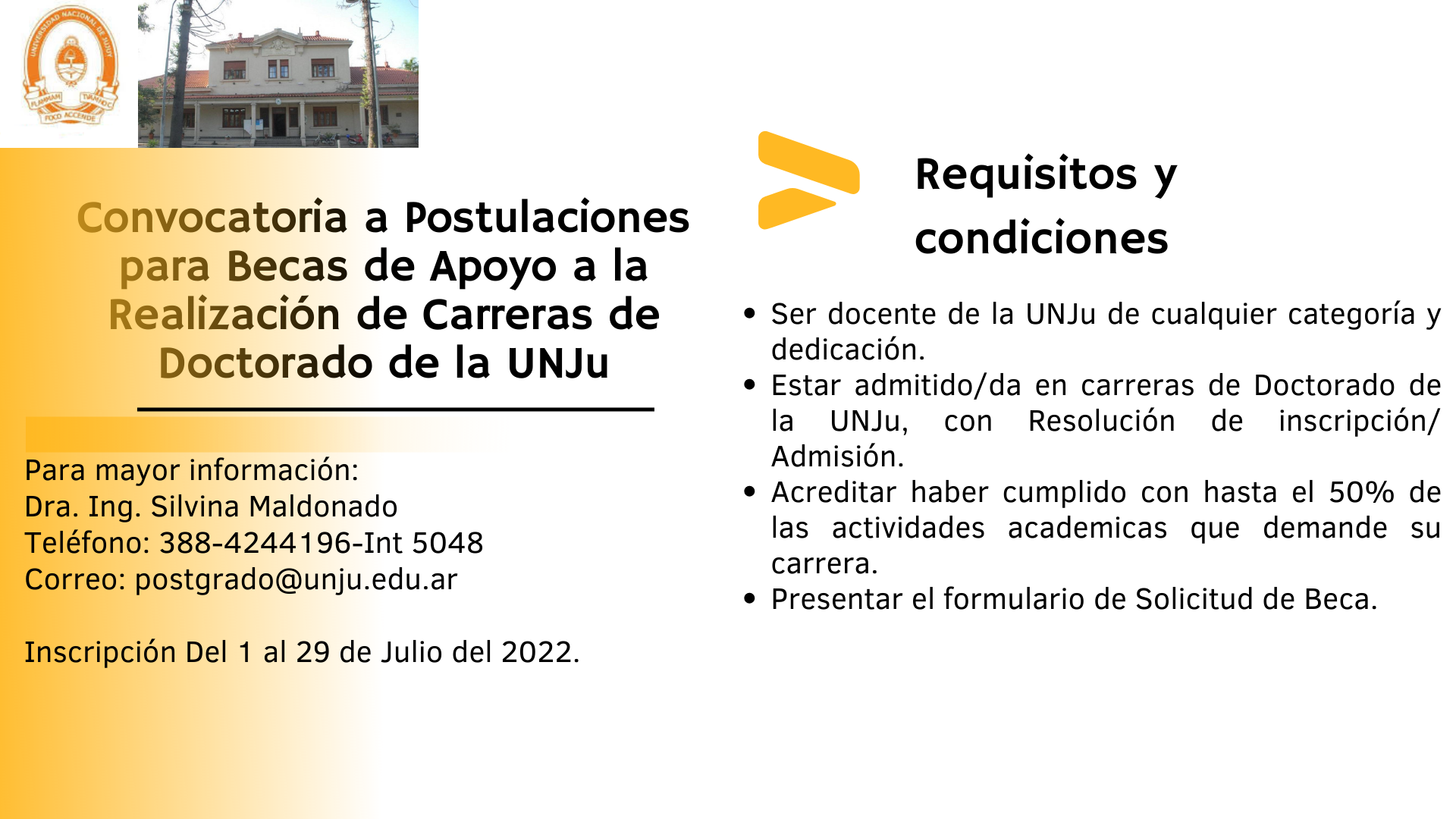 Convocatoria: Postulaciones para Becas de Apoyo a la realización de carreras de Doctorado de la UNJu